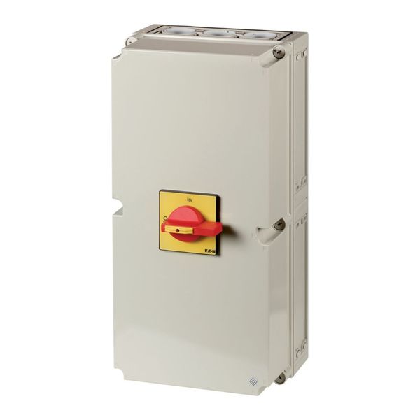 Main switch, T8, 315 A, surface mounting, 3 contact unit(s), 6 pole, 1 N/O, 1 N/C, Emergency switching off function, With red rotary handle and yellow image 3