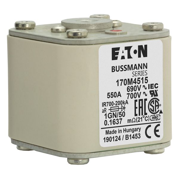 Fuse-link, high speed, 550 A, AC 690 V, size 1, 53 x 69 x 51 mm, aR, IEC, UL, single indicator, flush end, 18 UNC image 7