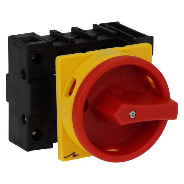 Main switch, P1, 40 A, flush mounting, 3 pole + N, 1 N/O, 1 N/C, Emergency switching off function, With red rotary handle and yellow locking ring, Loc image 19