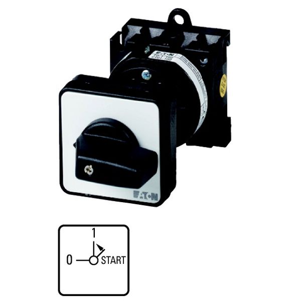 ON-OFF button, T0, 20 A, rear mounting, 1 contact unit(s), Contacts: 2, Spring-return in START position, 90 °, maintained, With 0 (Off) position, With image 1