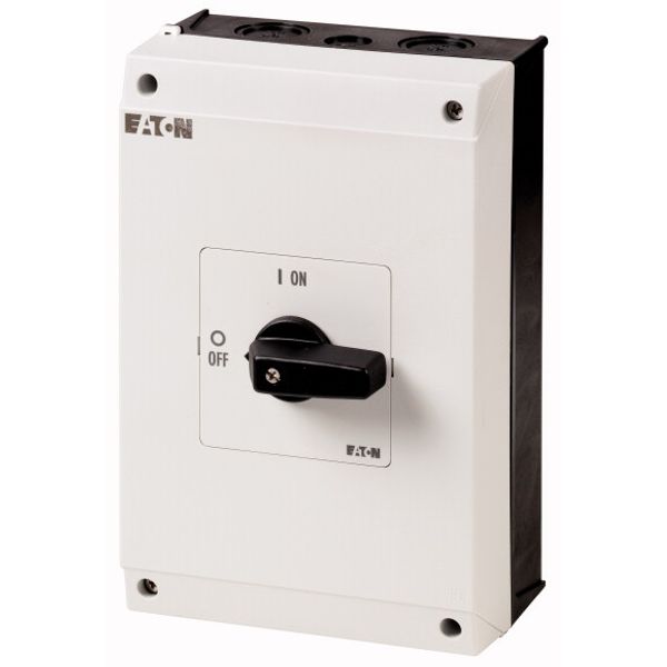 On-Off switch, P3, 63 A, surface mounting, 3 pole, 1 N/O, 1 N/C, with black thumb grip and front plate image 1