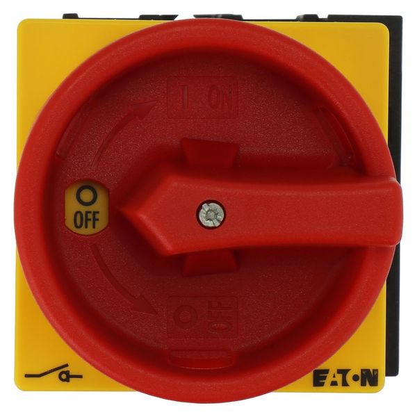 Main switch, P1, 40 A, rear mounting, 3 pole, 1 N/O, 1 N/C, Emergency switching off function, With red rotary handle and yellow locking ring, Lockable image 5