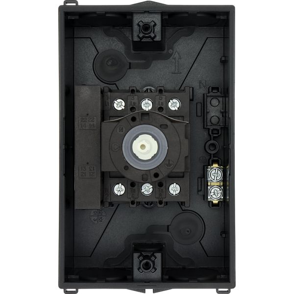 Main switch, P1, 25 A, surface mounting, 3 pole, 1 N/O, 1 N/C, STOP function, With black rotary handle and locking ring, Lockable in the 0 (Off) posit image 25