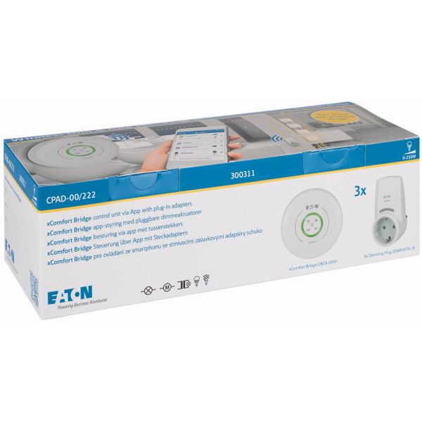 Wireless xComfort Bridge package, 3 Smart Dimming Plug-In Adapters, 0-250W, 230VAC, R/L/C/LED, Schuko, Traffic white image 4