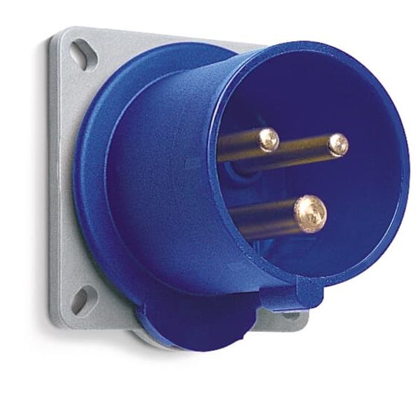 Inlet, panel mounting, earthing sleeve position 9h, rated current 16A, IP44 splashproof, unified flange, straight, 3-poles+earth, frequency 50-60 Hz, color code Blue image 2
