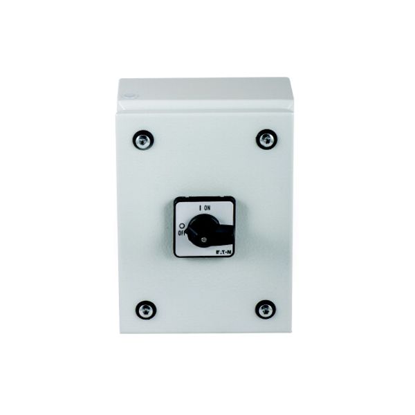 On-Off switch, P1, 25 A, 3 pole + N, surface mounting, with black thumb grip and front plate, in steel enclosure image 2