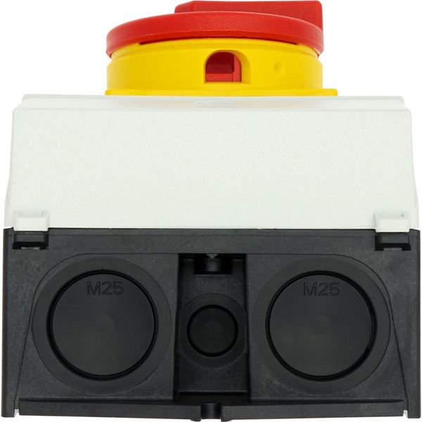 Main switch, T3, 32 A, surface mounting, 4 contact unit(s), 6 pole, 1 N/O, 1 N/C, Emergency switching off function, With red rotary handle and yellow image 44