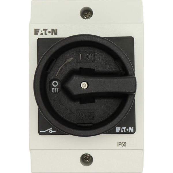 Main switch, T0, 20 A, surface mounting, 2 contact unit(s), 3 pole, 1 N/C, STOP function, With black rotary handle and locking ring image 51