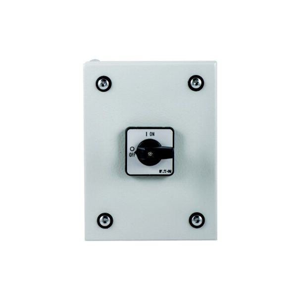 On-Off switch, P1, 25 A, 3 pole + N, surface mounting, with black thumb grip and front plate, in steel enclosure image 1