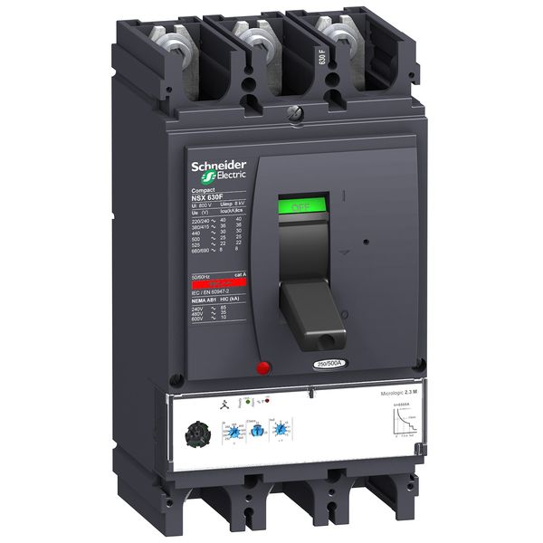circuit breaker ComPact NSX630H, 70 kA at 415 VAC, MicroLogic 2.3 M trip unit 500 A, 3 poles 3d image 3