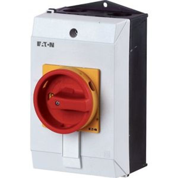 Main switch, P1, 32 A, surface mounting, 3 pole, Emergency switching off function, With red rotary handle and yellow locking ring, Lockable in the 0 ( image 10