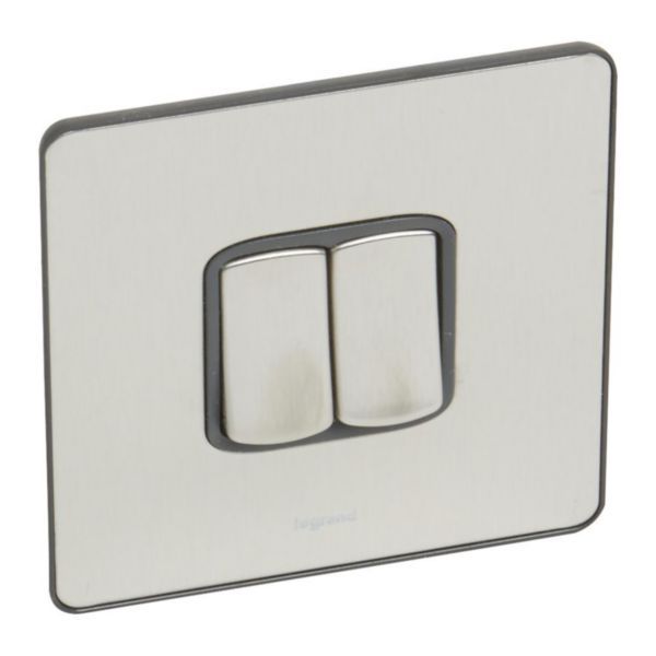 Synergy Sleek 2 Gang 2 Way 10AX Single Pole Plate Switch Brushed Stainless Steel image 1