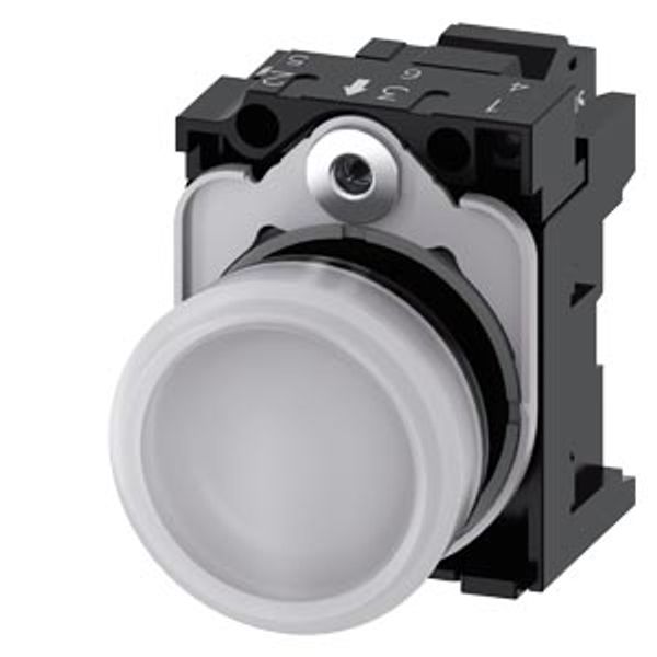 Indicator lights, 22 mm, round, plastic, white, lens, smooth, with holder, LED module, with integrated LED 230 V AC,  3SU1106-6AA60-3AA0-Z Y15 image 1