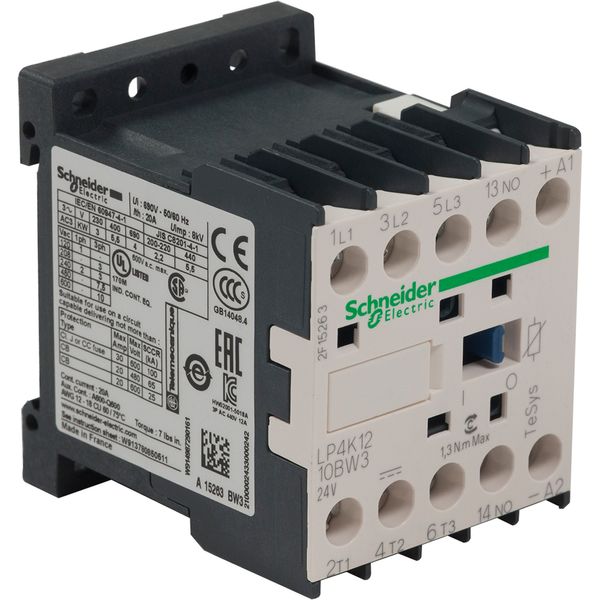 TeSys K contactor, 3P,AC-3, 440V, 12A, 1NO aux, 24V DC coil, low consumption coil,screw clamps terminals image 1