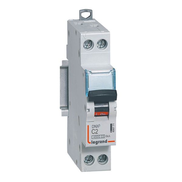 Phase+Neutral circuit breaker DNX³4500 6kA screw terminal inlet and outlet - 1P+N 230V~ 2A curve C - 1 module image 1