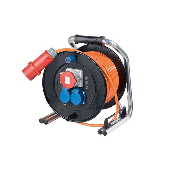 Hardrubber cable reel  290mmO40m H07BQ-F 5G1,5 orange with CEE plug 400V/16A/5pole2 Schuko sockets, 230V/16A with hinged lids,1 CEE socket 400V/16A/5poleThermal cut-out230V/16A/max. 3500WIP44 image 1
