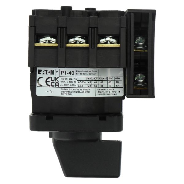 On-Off switch, P1, 40 A, flush mounting, 3 pole, 1 N/O, 1 N/C, with black thumb grip and front plate image 16