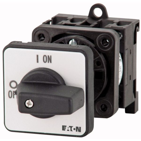 On-Off switch, P1, 25 A, rear mounting, 3 pole, 1 N/O, 1 N/C, with black thumb grip and front plate image 1