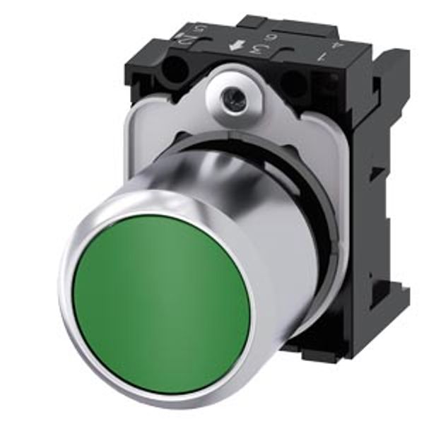 Pushbutton, compact, with extended stroke (12 mm), 22 mm, round, Metal, green, pushbutton, flat, momentary contact .... 3SU1250-0EB40-0AA0-Z Y15 image 2