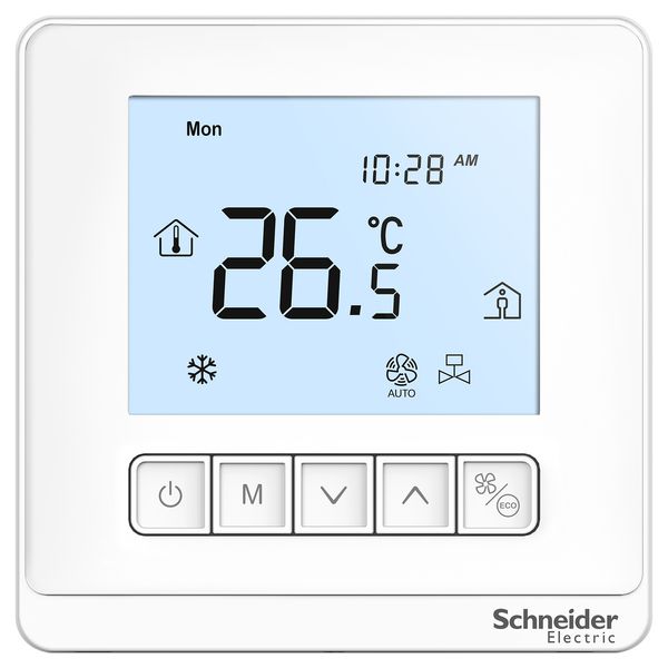SpaceLogic thermostat, fan coil proportional, networking, LCD 5 Button, 4P, 3 fan, modbus, external sensor, 24V, white image 1