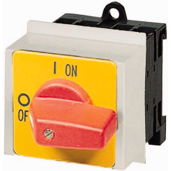 On-Off switch, P1, 32 A, service distribution board mounting, 3 pole + N, Emergency switching off function, with red thumb grip and yellow front plate image 1