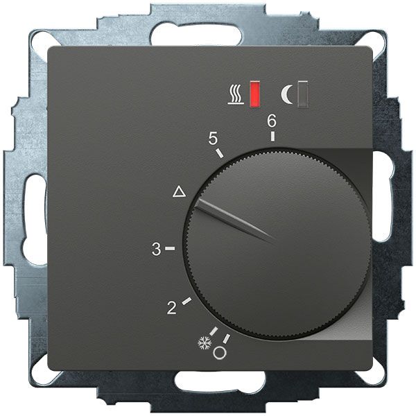 UP room controller, anthracite 55x55, 5-30C, AC 230V, 16 A relay output 1 NO contact, PWM / 2 point control, switch, TA, LED displays image 1