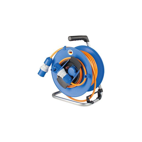 CEE camping safety device drum 285mmØ mm 25 m construction site management  H07BQ-F 3G2.5, orange with 3-pin "powerlight" CEE plug 230V / 16A  and 3-pole "powerlight" CEE coupling 230V / 16A image 1