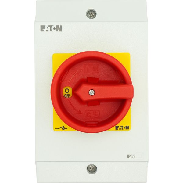 Main switch, T3, 32 A, surface mounting, 4 contact unit(s), 6 pole, 1 N/O, 1 N/C, Emergency switching off function, With red rotary handle and yellow image 47