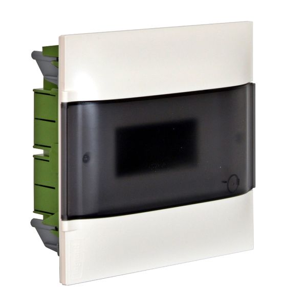 Practibox S flush-mounting DIN cabinet for masonry wall - 1 row of 8 modules - Smoked door - Earth terminal blocks image 1