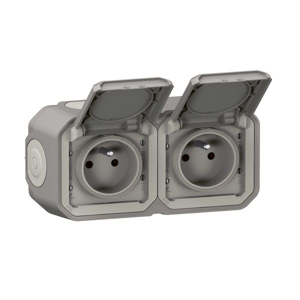 Triple horizontal pre-wired Plexo power socket 16A 250V, delivered complete with surface-mounted box - Gray image 1