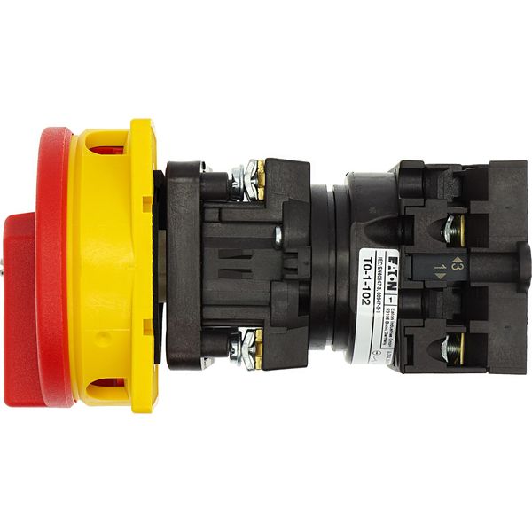 Main switch, T0, 20 A, rear mounting, 1 contact unit(s), 2 pole, Emergency switching off function, With red rotary handle and yellow locking ring, Loc image 40