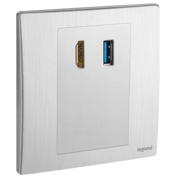 HDMI socket outlet with USB A data socket transfer brushed aluminium image 1