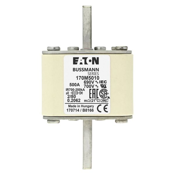 Fuse-link, high speed, 500 A, AC 690 V, DIN 2, 61 x 61 x 108 mm, aR, DIN, IEC, single indicator, 80 mm centres image 7