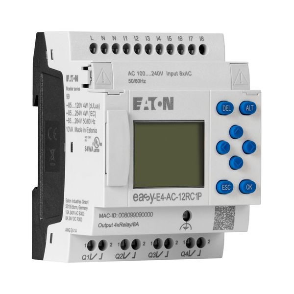 easyE4 control relay, basic unit with display (expandable, Ethernet), 100–240 VAC, 100–240 VDC (cULus: 100–110 VDC), digital inputs: 8, digital output image 9