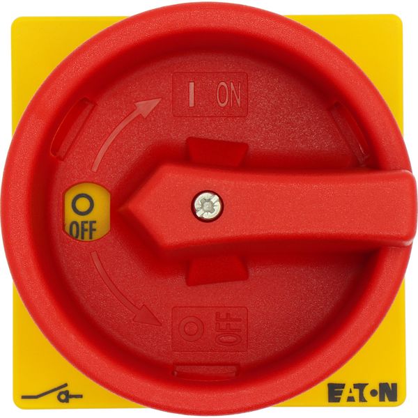 Main switch, P1, 25 A, flush mounting, 3 pole, Emergency switching off function, With red rotary handle and yellow locking ring, Lockable in the 0 (Of image 36