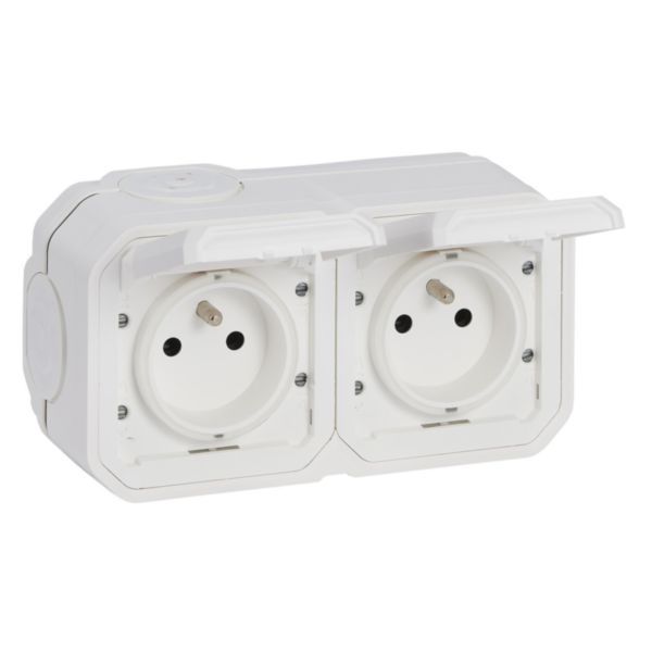 Double horizontal pre-wired power socket Plexo std Franco-Belgian 16A 250V - Complete surface mounted - White - IP55 - IK08 image 1