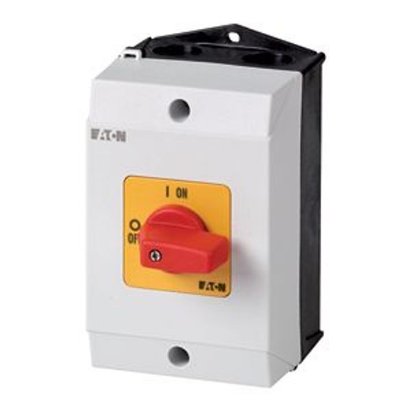 On-Off switch, T0, 20 A, surface mounting, 2 contact unit(s), 3 pole, Emergency switching off function, with red thumb grip and yellow front plate image 4
