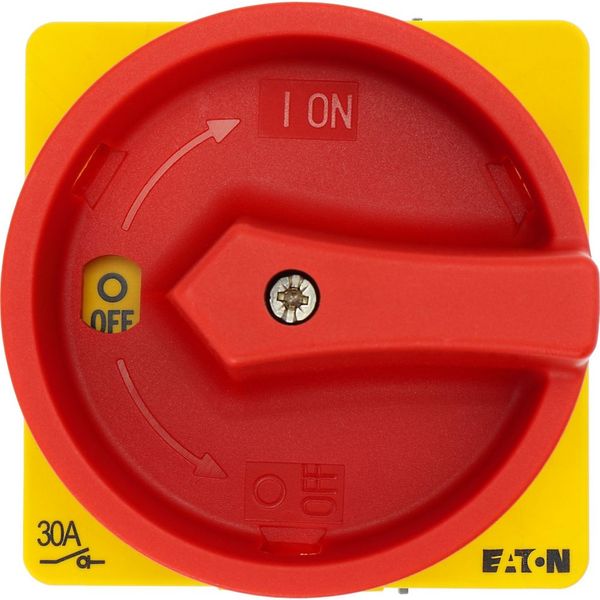 Main switch, P1, 32 A, rear mounting, 3 pole, Emergency switching off function, With red rotary handle and yellow locking ring, Lockable in the 0 (Off image 47