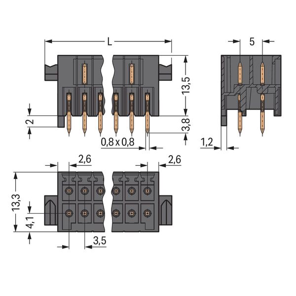 THT male header, 2-row 0.8 x 0.8 mm solder pin straight black image 4