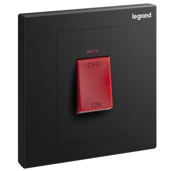 Galion 1 gang double pole 45A switch with red power indicator and red rocker - matt black image 1