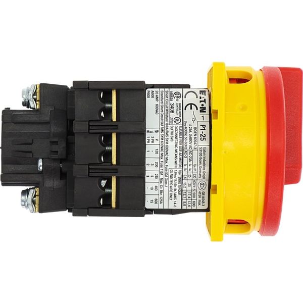 Main switch, P1, 25 A, flush mounting, 3 pole, Emergency switching off function, With red rotary handle and yellow locking ring, Lockable in the 0 (Of image 9