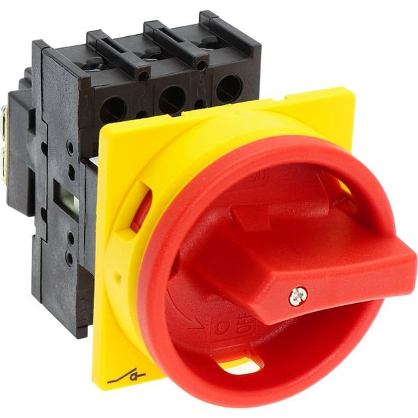 Main switch, P1, 25 A, flush mounting, 3 pole, Emergency switching off function, With red rotary handle and yellow locking ring, Lockable in the 0 (Of image 21