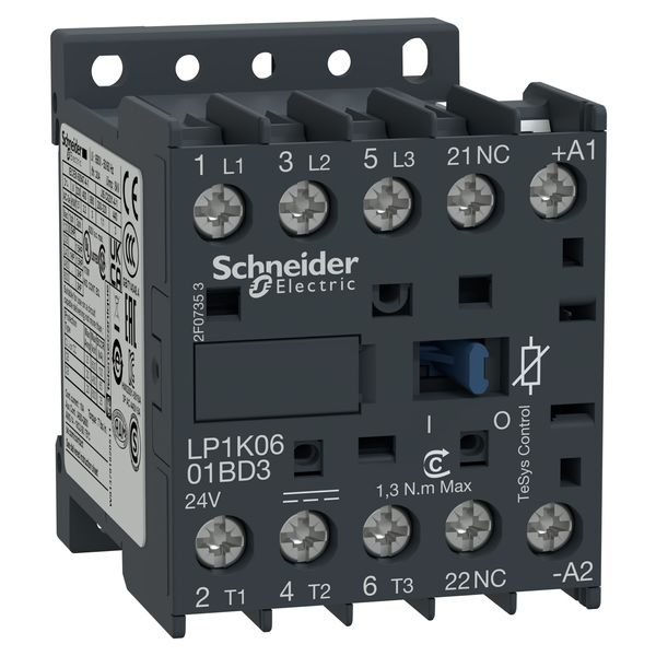 TeSys K contactor, 3P,AC-3, 440V, 6A, 1NC aux, 24V DC coil, with integral suppression device image 2