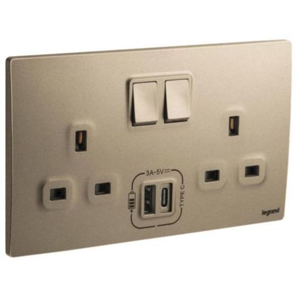 281136DB Mallia Senses 2 gang BS switched socket outlet single pole - 13A - with 3000mA A and C types USB chargers image 1