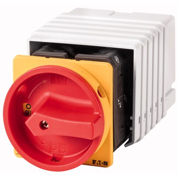 Main switch, T5, 100 A, flush mounting, 6 contact unit(s), 9-pole, 2 N/O, 1 N/C, Emergency switching off function, With red rotary handle and yellow l image 1