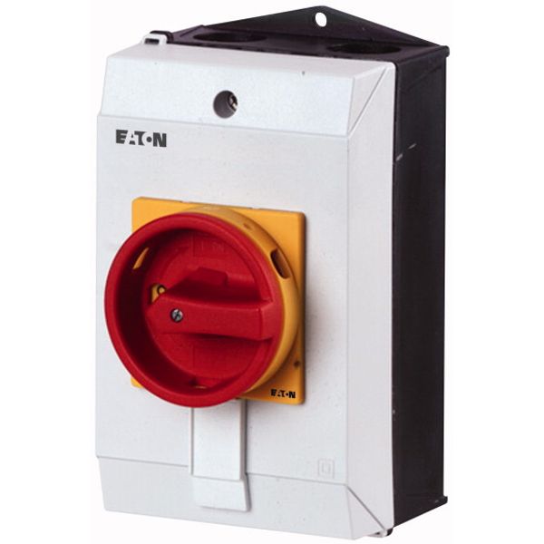 Main switch, T3, 32 A, surface mounting, 1 contact unit(s), 2 pole, Emergency switching off function, With red rotary handle and yellow locking ring, image 1