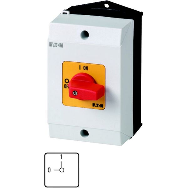 On-Off switch, T0, 20 A, surface mounting, 1 contact unit(s), 1 pole, Emergency switching off function, with red thumb grip and yellow front plate image 3