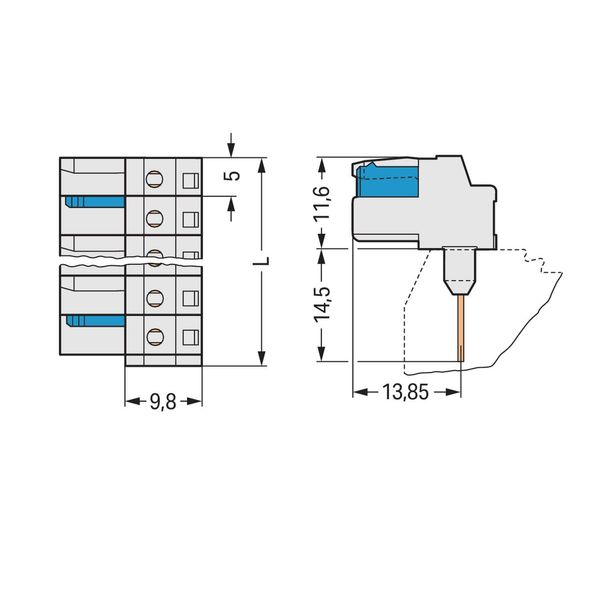 Female connector for rail-mount terminal blocks 0.6 x 1 mm pins angled image 2