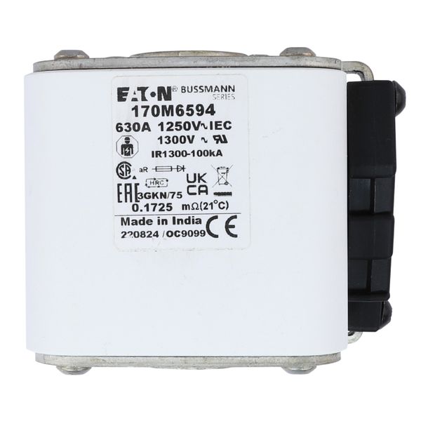 Fuse-link, high speed, 630 A, AC 1250 V, size 3, 76 x 92 x 76 mm, aR, IEC, UL, type K indicator, flush end, 13 UNC image 11