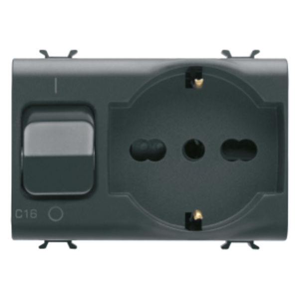 INTERLOCKED SWITCHED SOCKET-OUTLET - 2P+E 16A P40 - WITH MINIATURE CIRCUIT BREAKER 1P+N 16A - 230V ac - 3 MODULES - SATIN BLACK - CHORUSMART. image 1